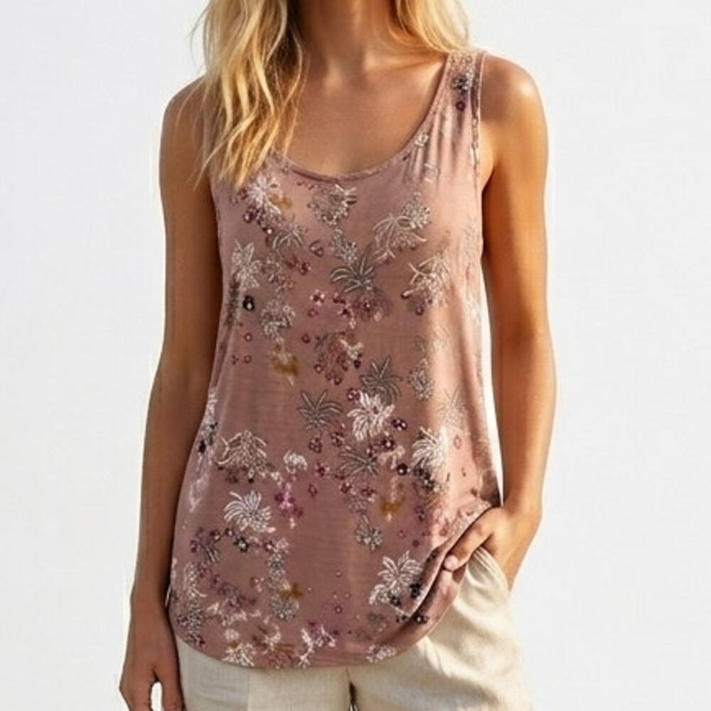 LOGO Floral Tank Womens Size 1X Dusty Rose Ditsy Soft Knit Sleeveless Top